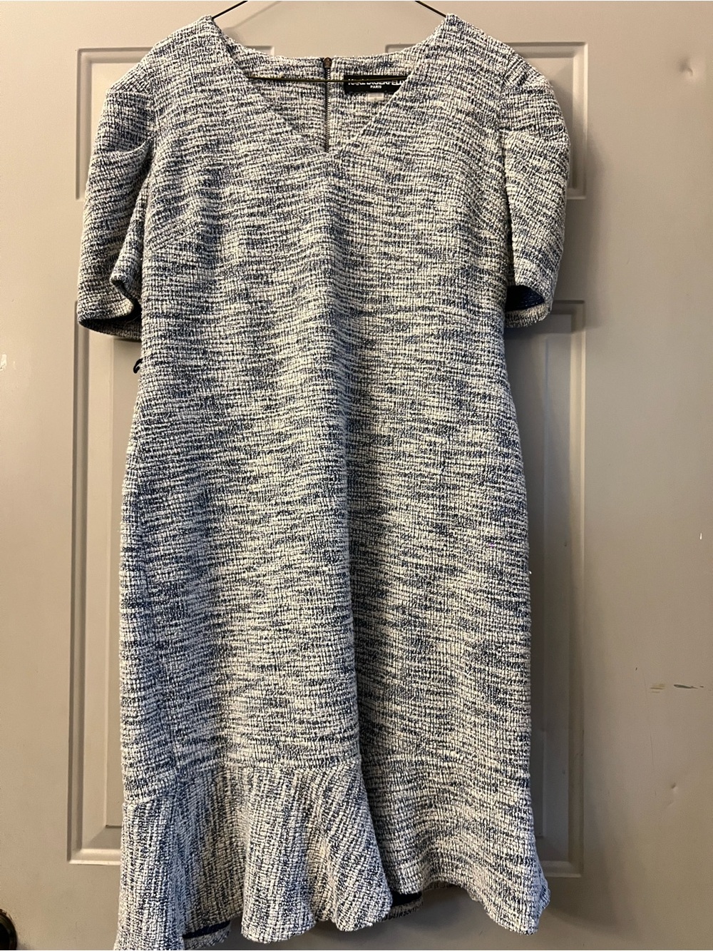 Karl Lagerfeld Paris Tweed Marled Blue White Short-Sleeve Knit Dress Flounce Hem